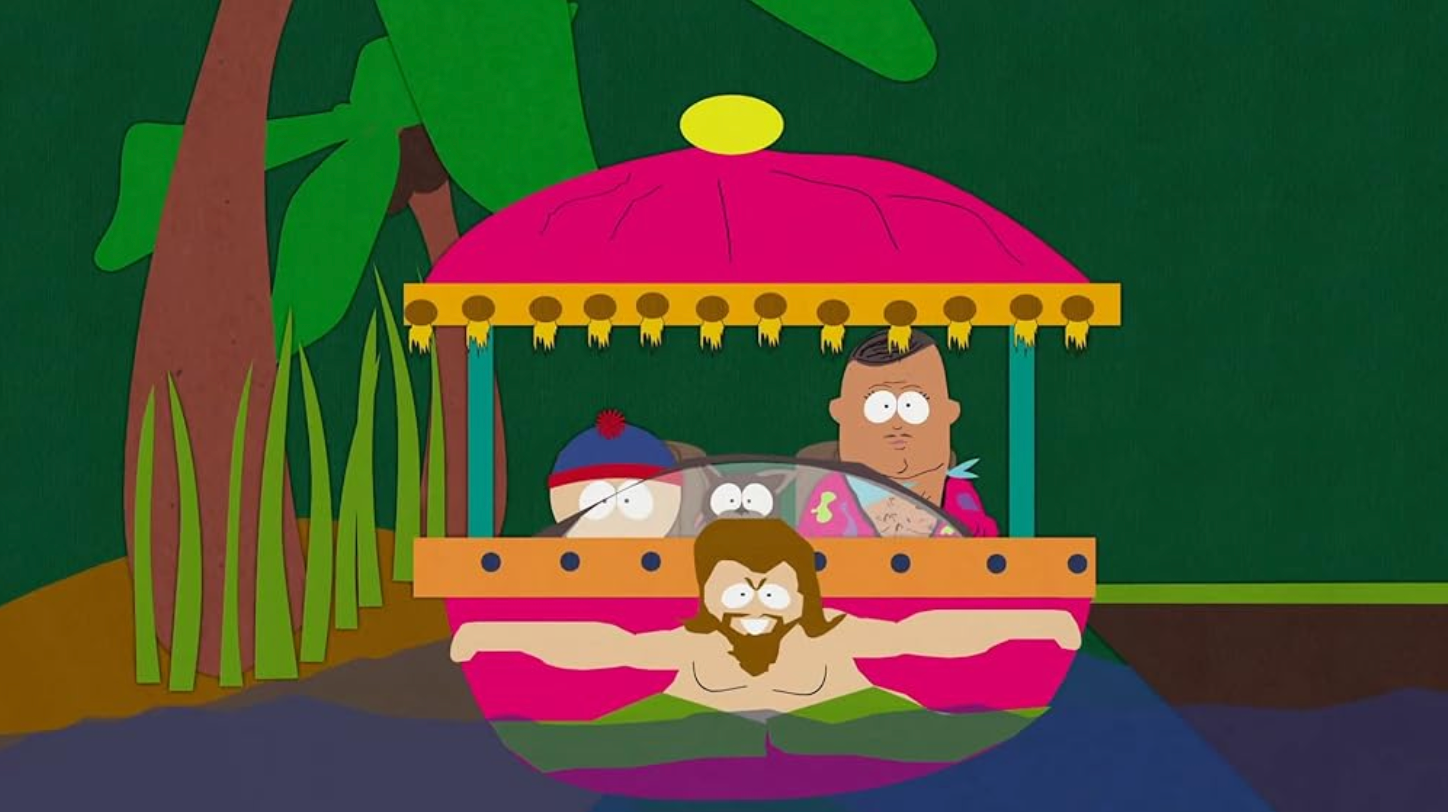 A cartoon still from South Park showing characters in a colorful boat.